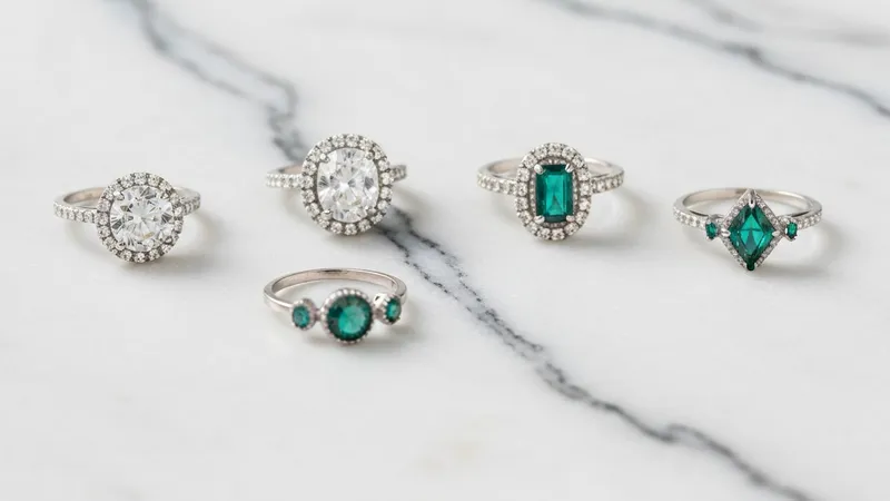 Collection de bagues émeraude solitaire sur présentoir